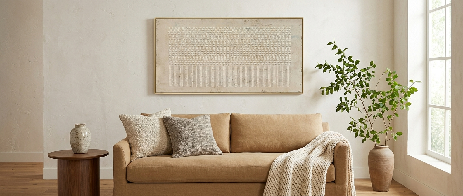 Dovre textured canvas framed above a linen sofa — lifestyle