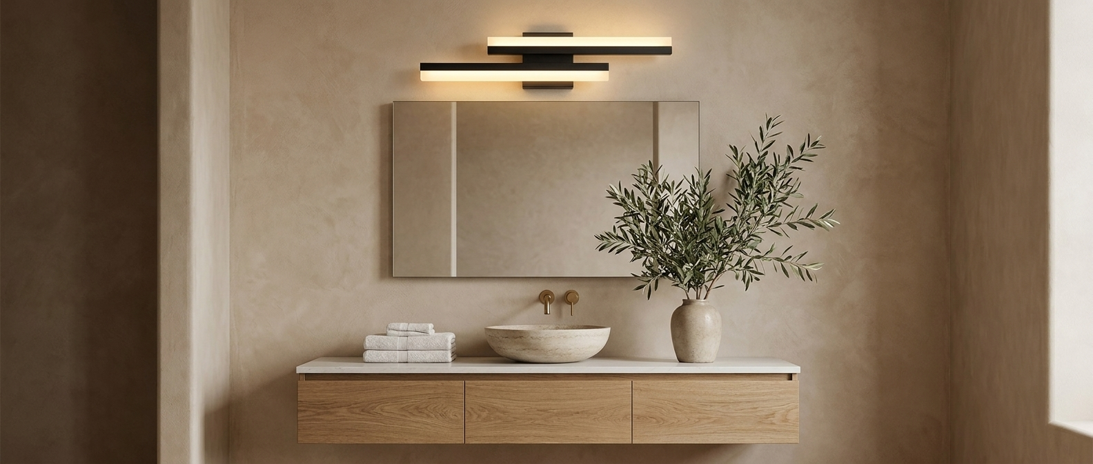 Orla asymmetric vanity light over a mirror in a warm modern bathroom — lifestyle