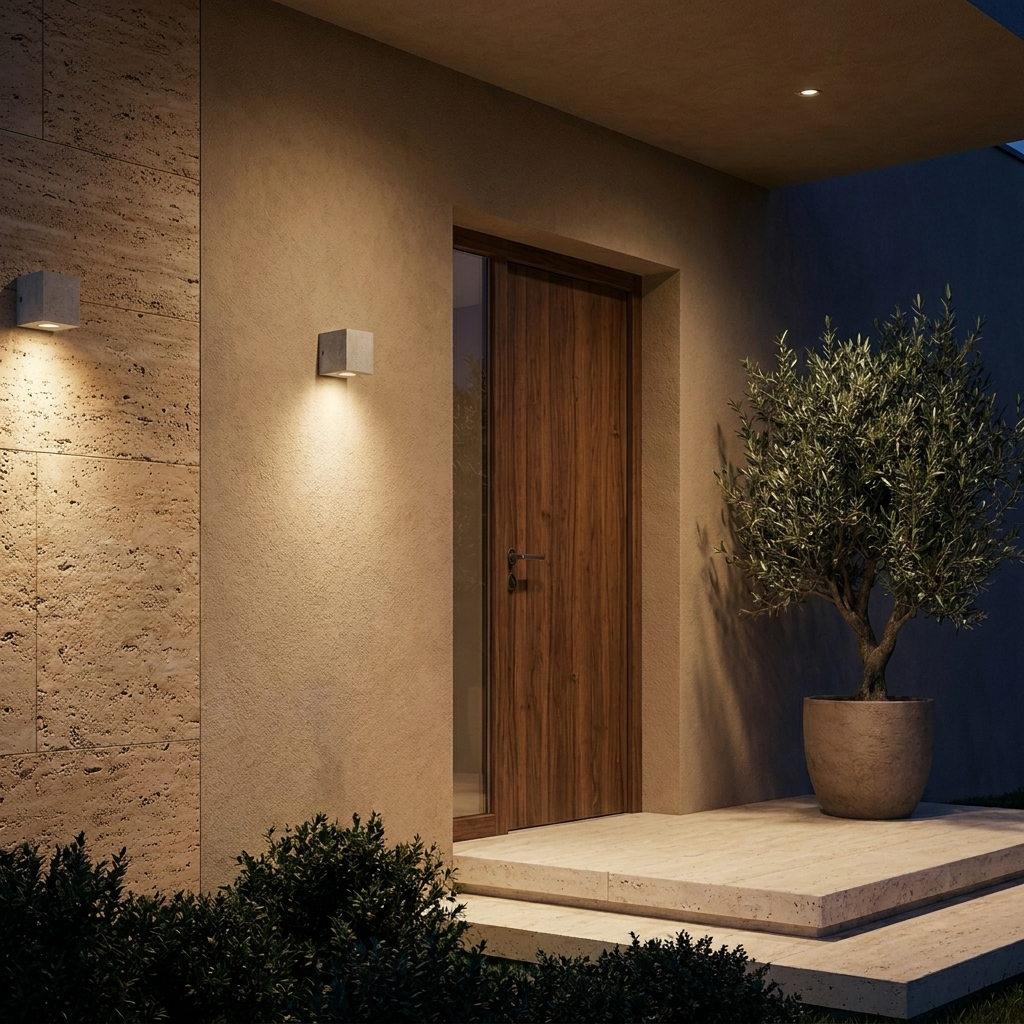 Ilse concrete wall lights on a modern travertine entrance at dusk