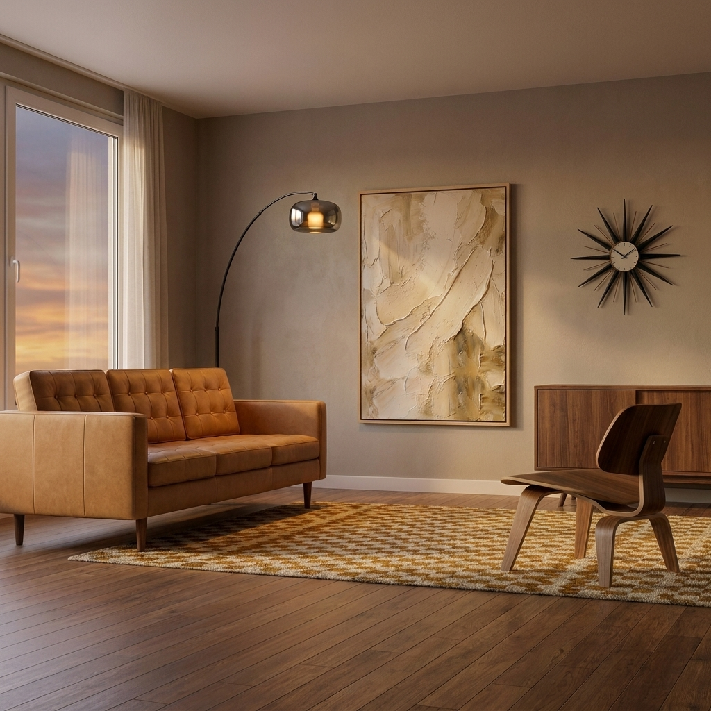 Dara arc floor lamp in a mid-century modern living room