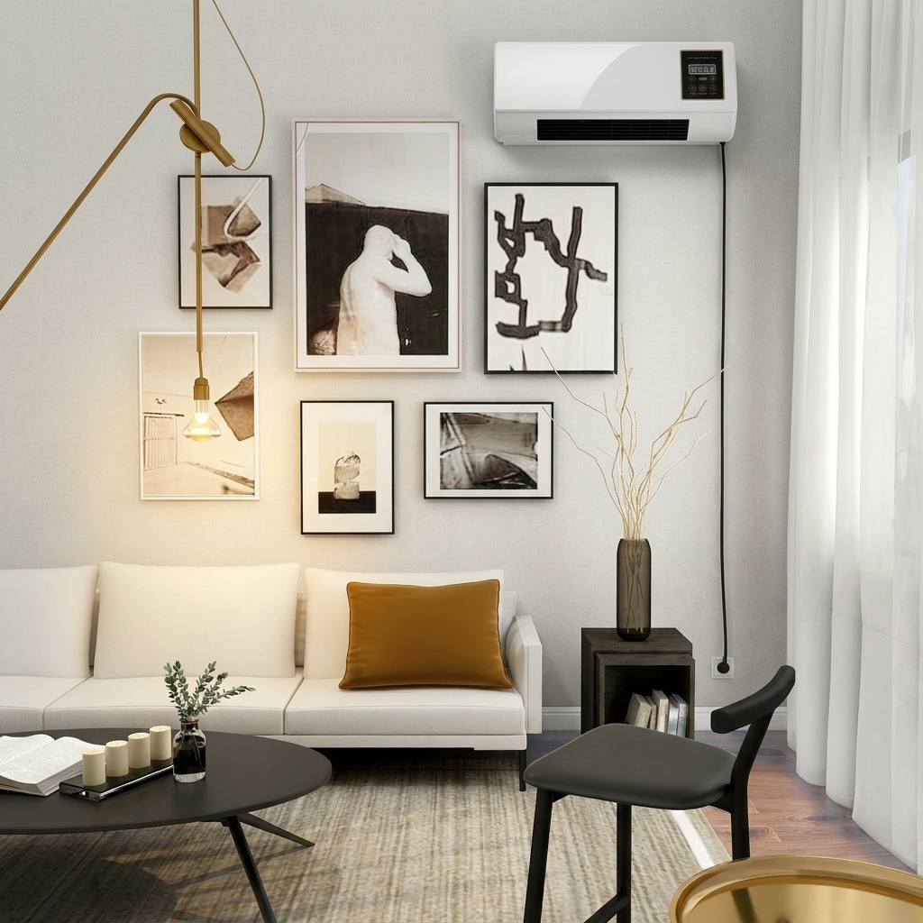 Vento AC mounted above a gallery wall in a modern living room