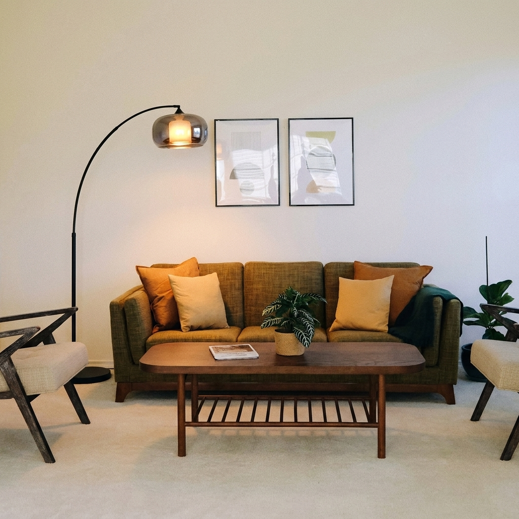 Dara arc floor lamp over an olive sofa in a mid-century living room