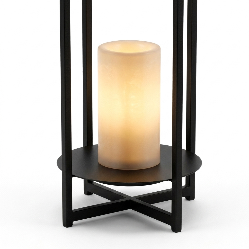 Ferro solar outdoor lantern — flickering candle detail on white
