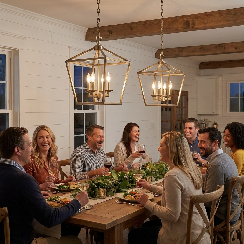 Kerri pendants over a farmhouse dining table dinner party — lifestyle