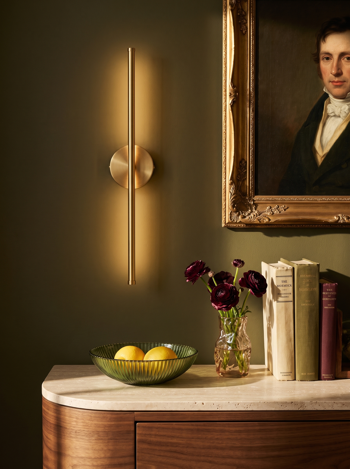 Lifestyle: brass Tarn wall sconce glowing on an olive wall beside a gilt-framed portrait, above a walnut dresser