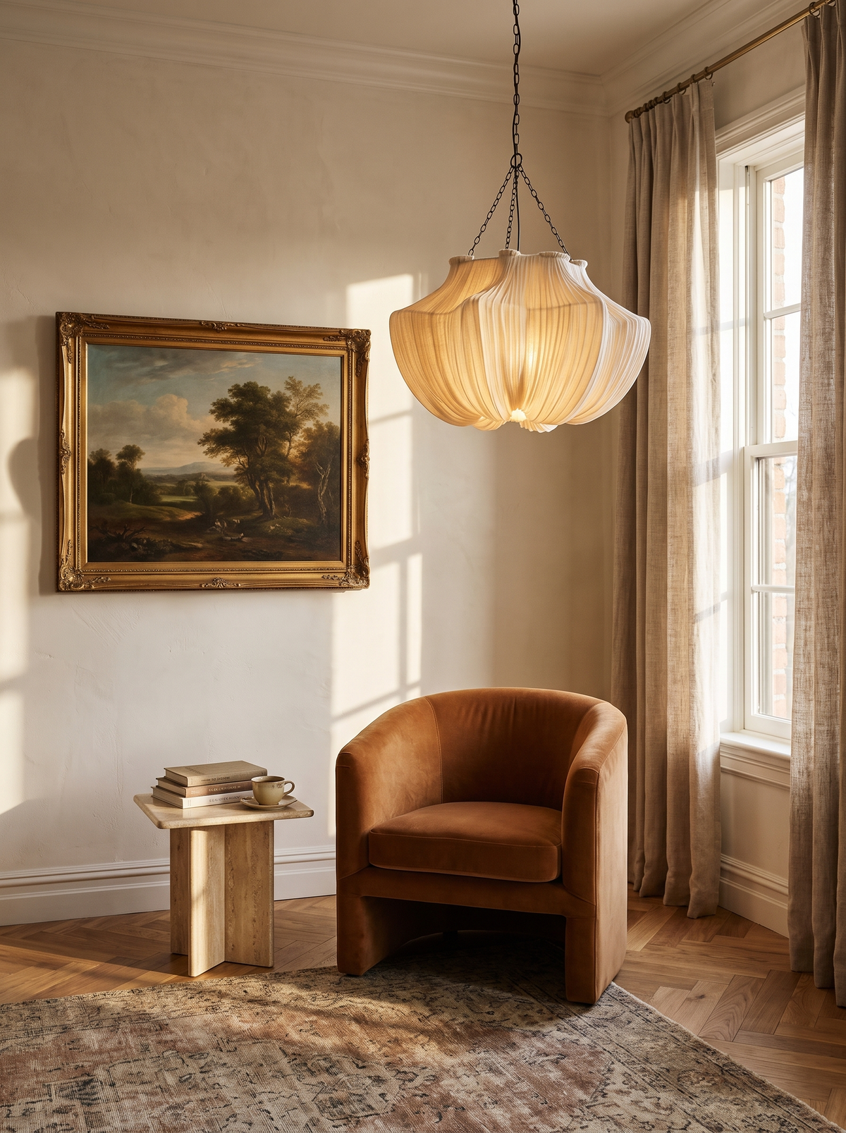 Lifestyle: Nessa fabric lantern chandelier in a living-room reading corner showing its size
