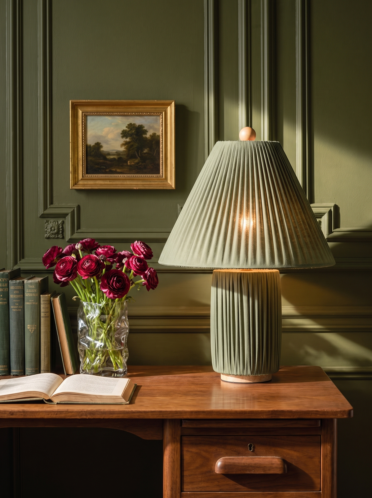 Lifestyle: Esme dark green table lamp on a desk in an olive library