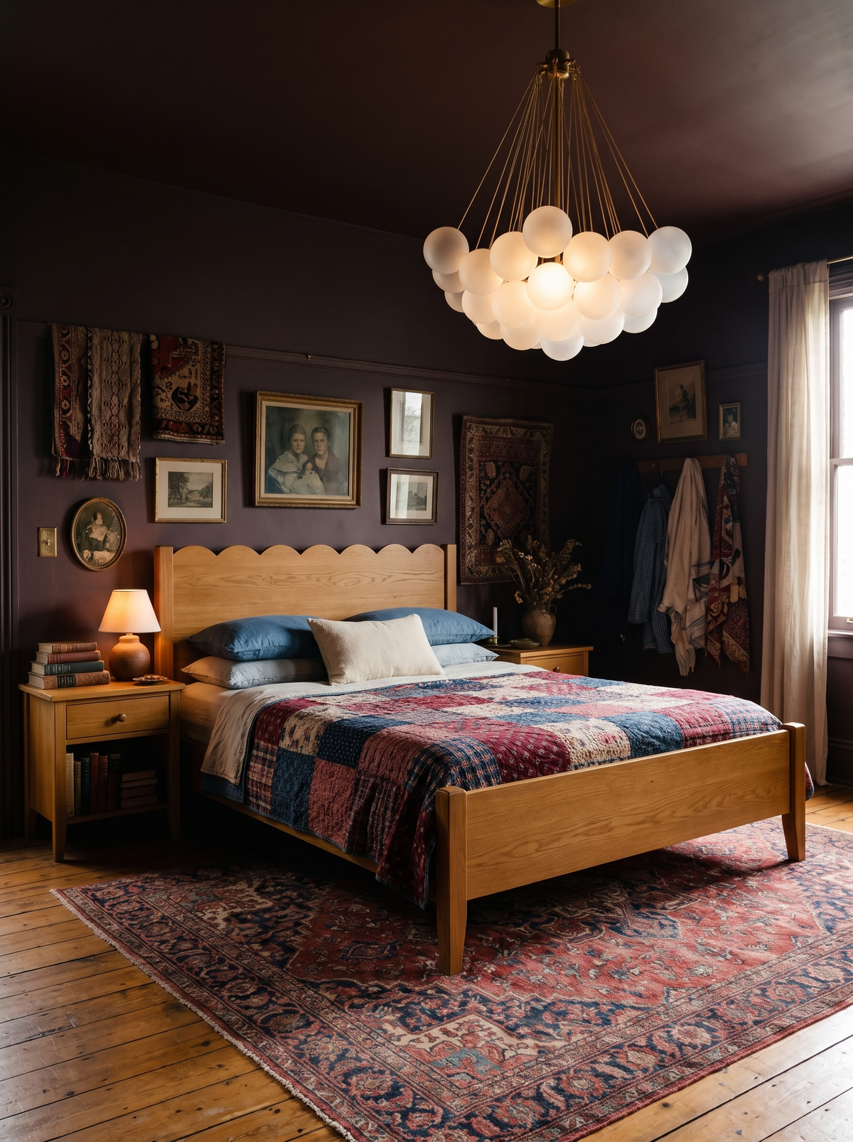 Lifestyle: Perle globe chandelier above a bed in a plum-brown bedroom