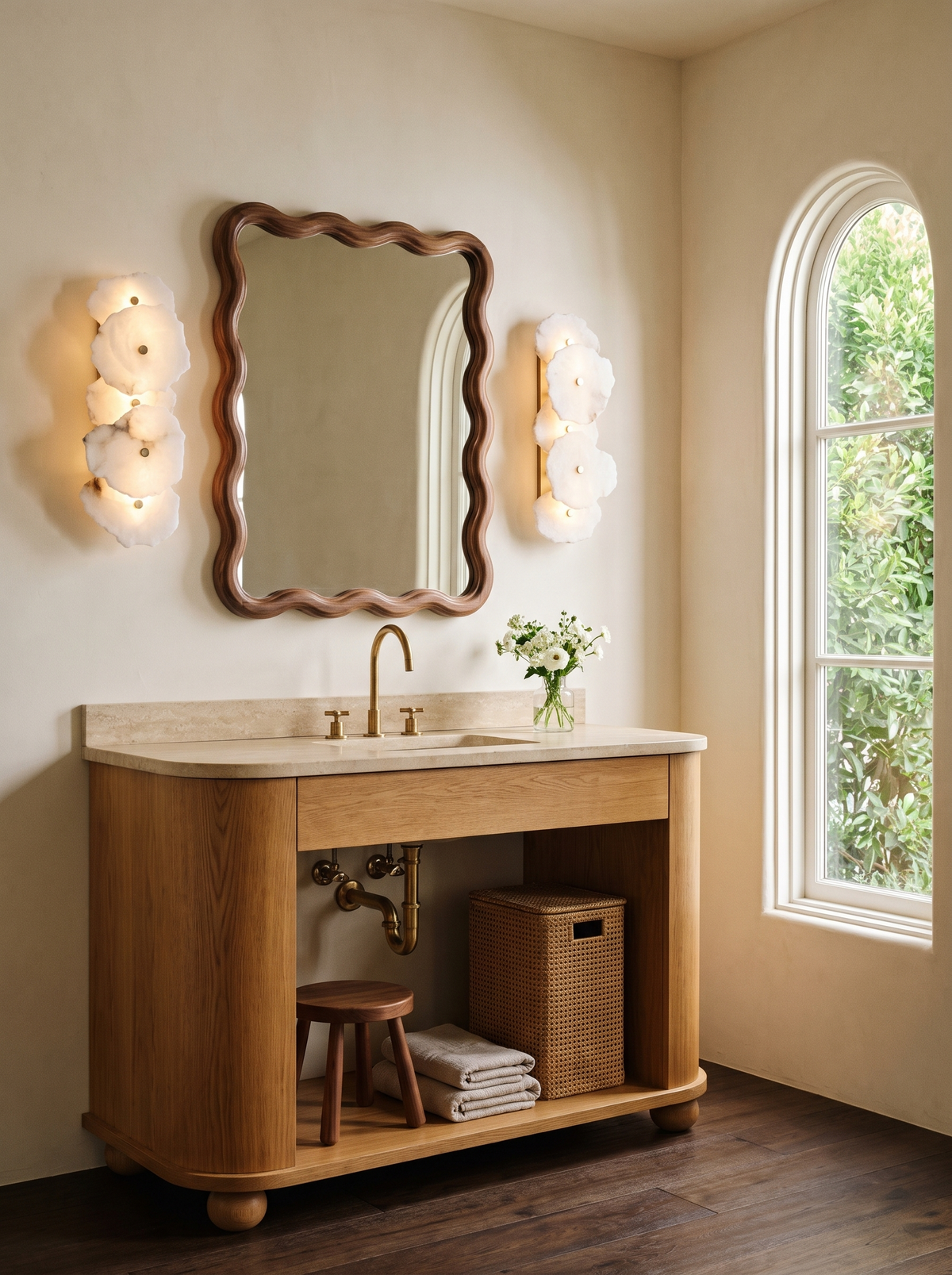 Lifestyle: a pair of Seren alabaster sconces flanking a walnut mirror in a cream bathroom