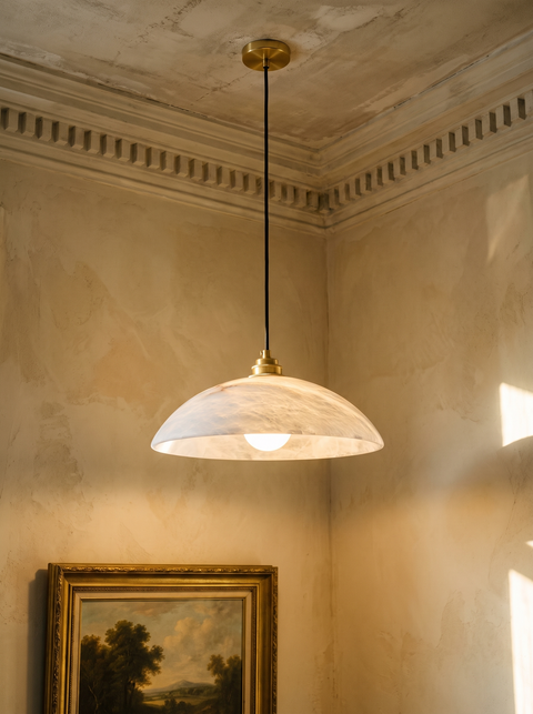 Cala alabaster dome pendant light with brass cap in a plaster-moulded corner