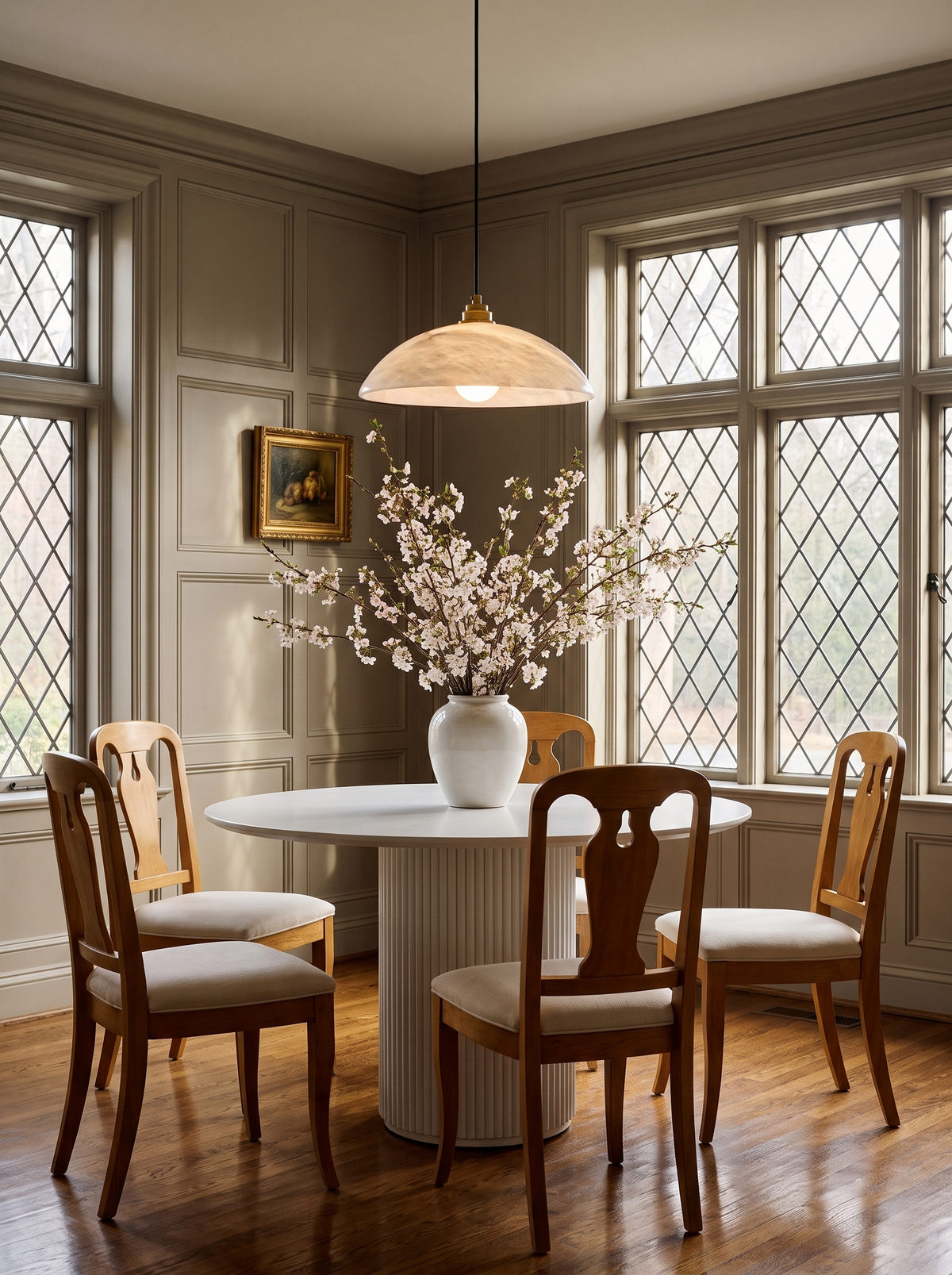 Lifestyle: Cala alabaster pendant over a fluted table in a greige panelled dining room