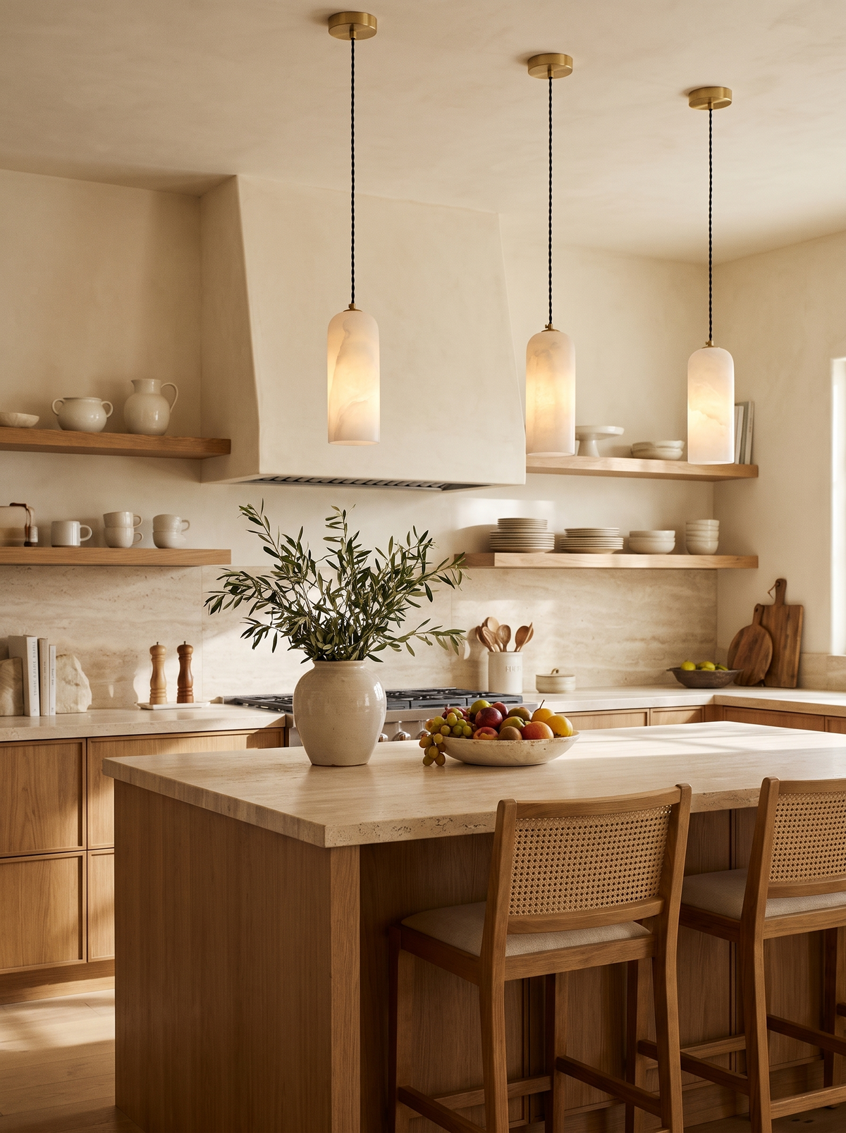 Lifestyle: three Sola alabaster pendants over a travertine kitchen island