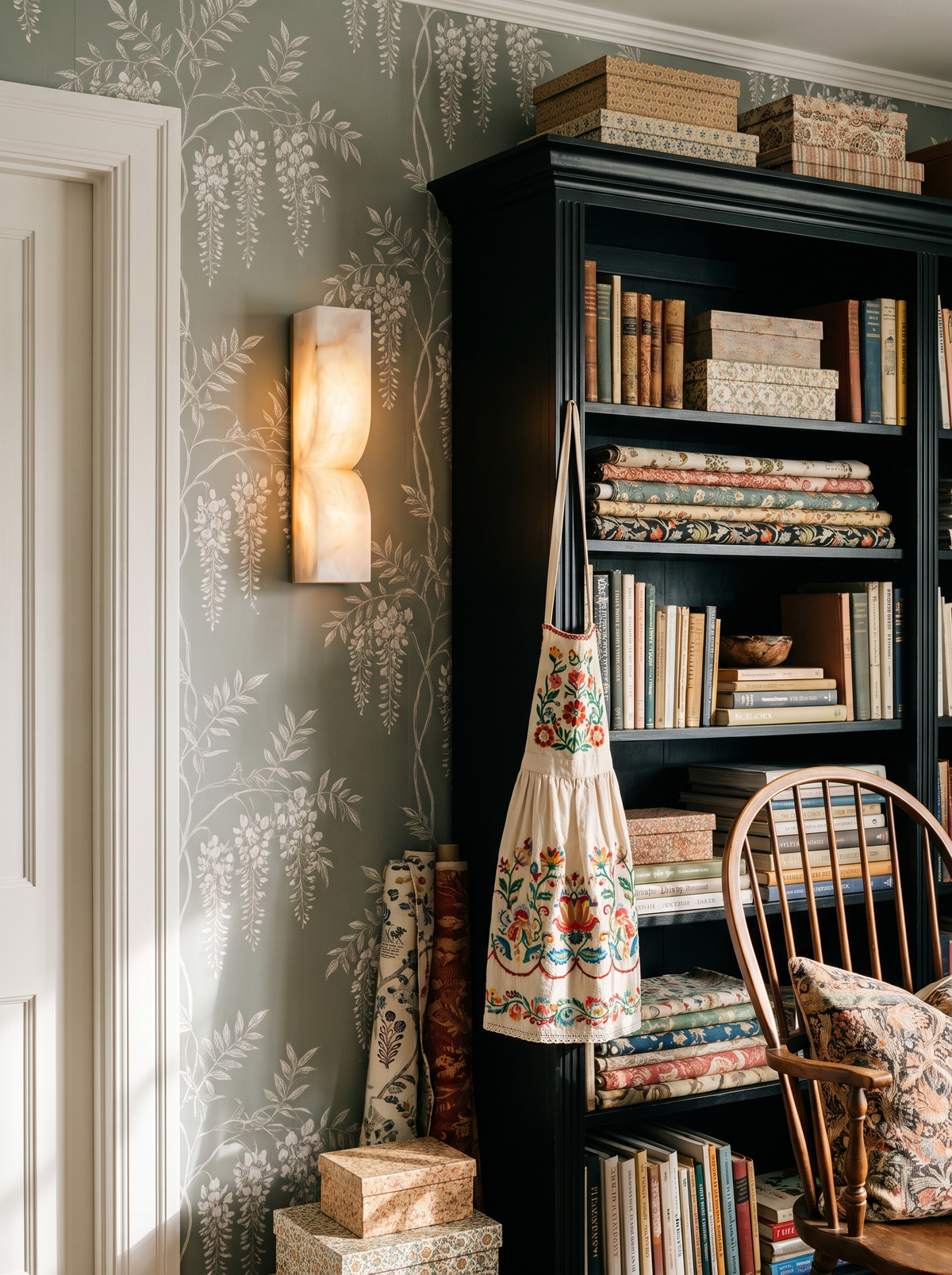 Lifestyle: Aurelie alabaster sconce beside a bookcase in a wisteria-wallpaper study, showing its size