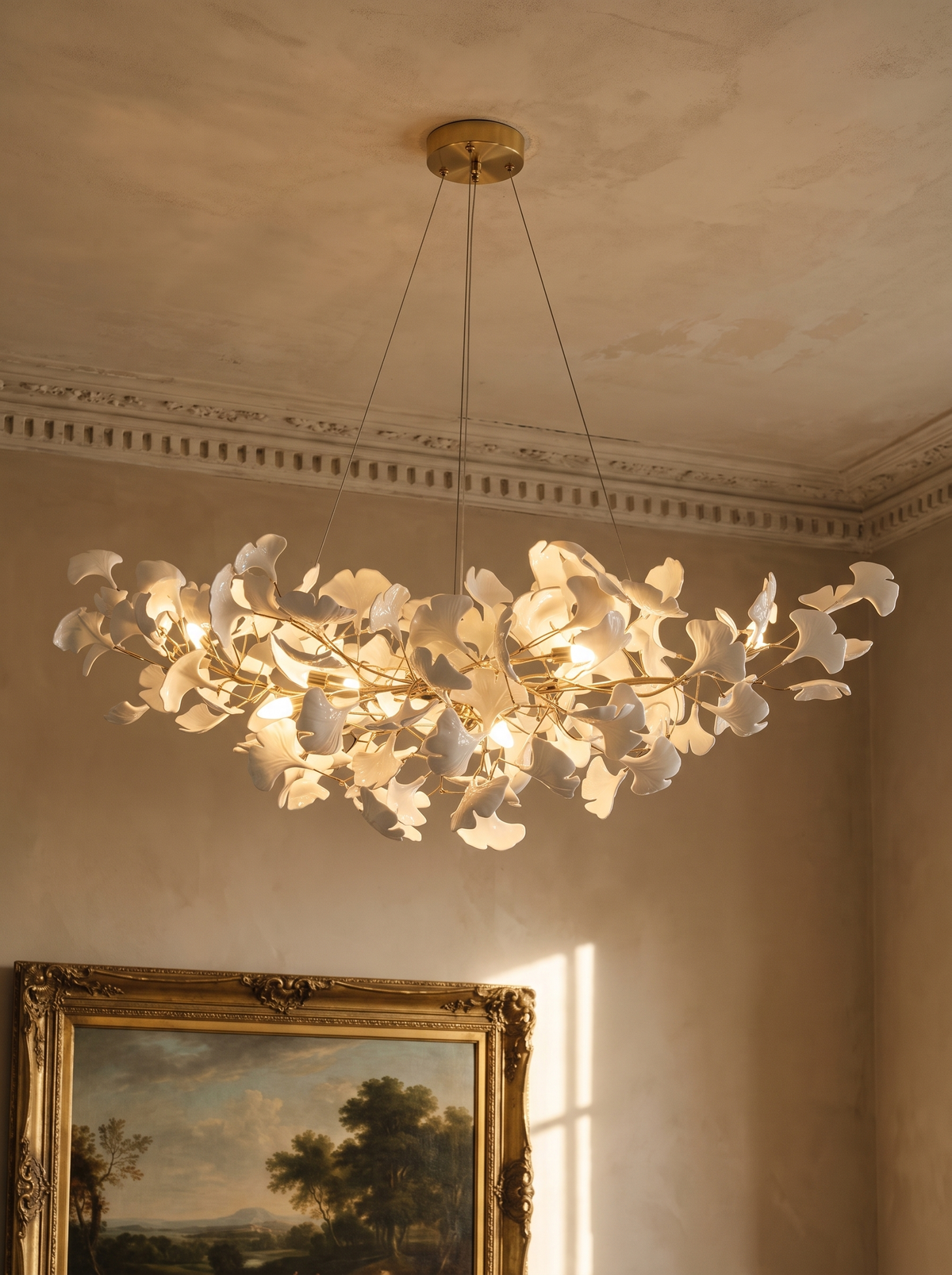 Ginevra porcelain ginkgo leaf chandelier in gold under a moulded plaster ceiling