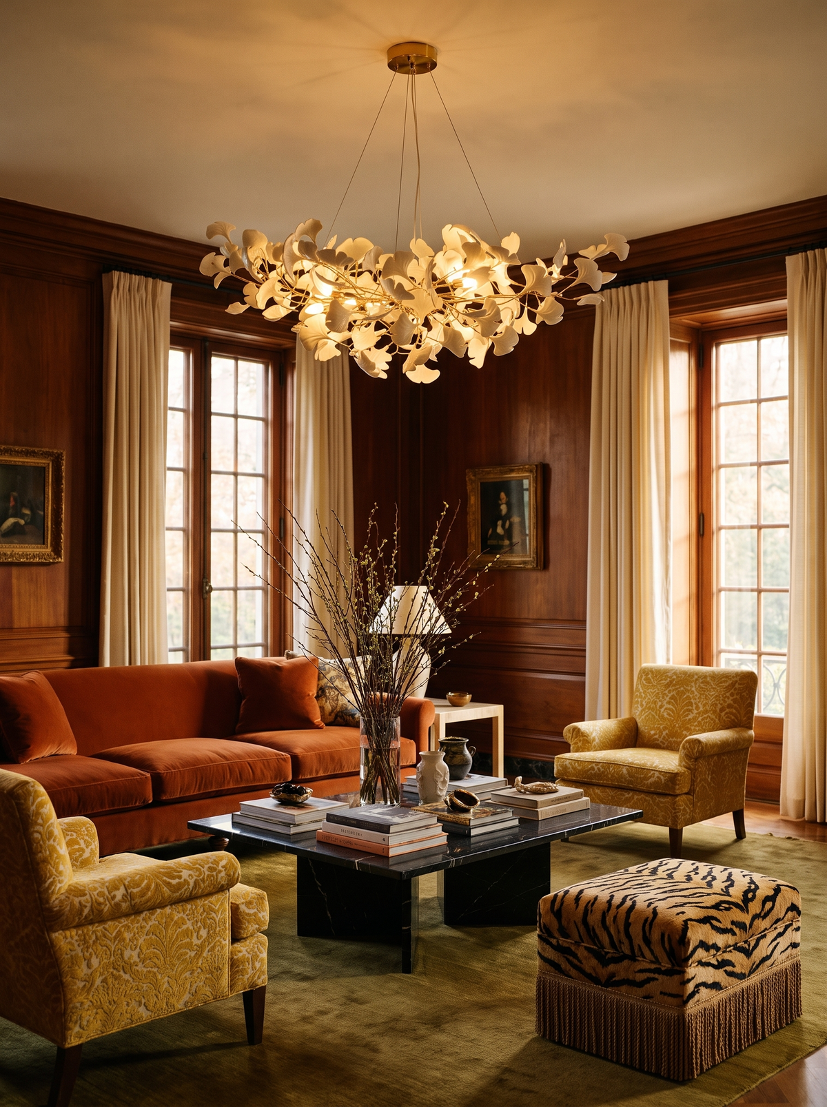 Lifestyle: Ginevra ginkgo chandelier in a mahogany-panelled living room