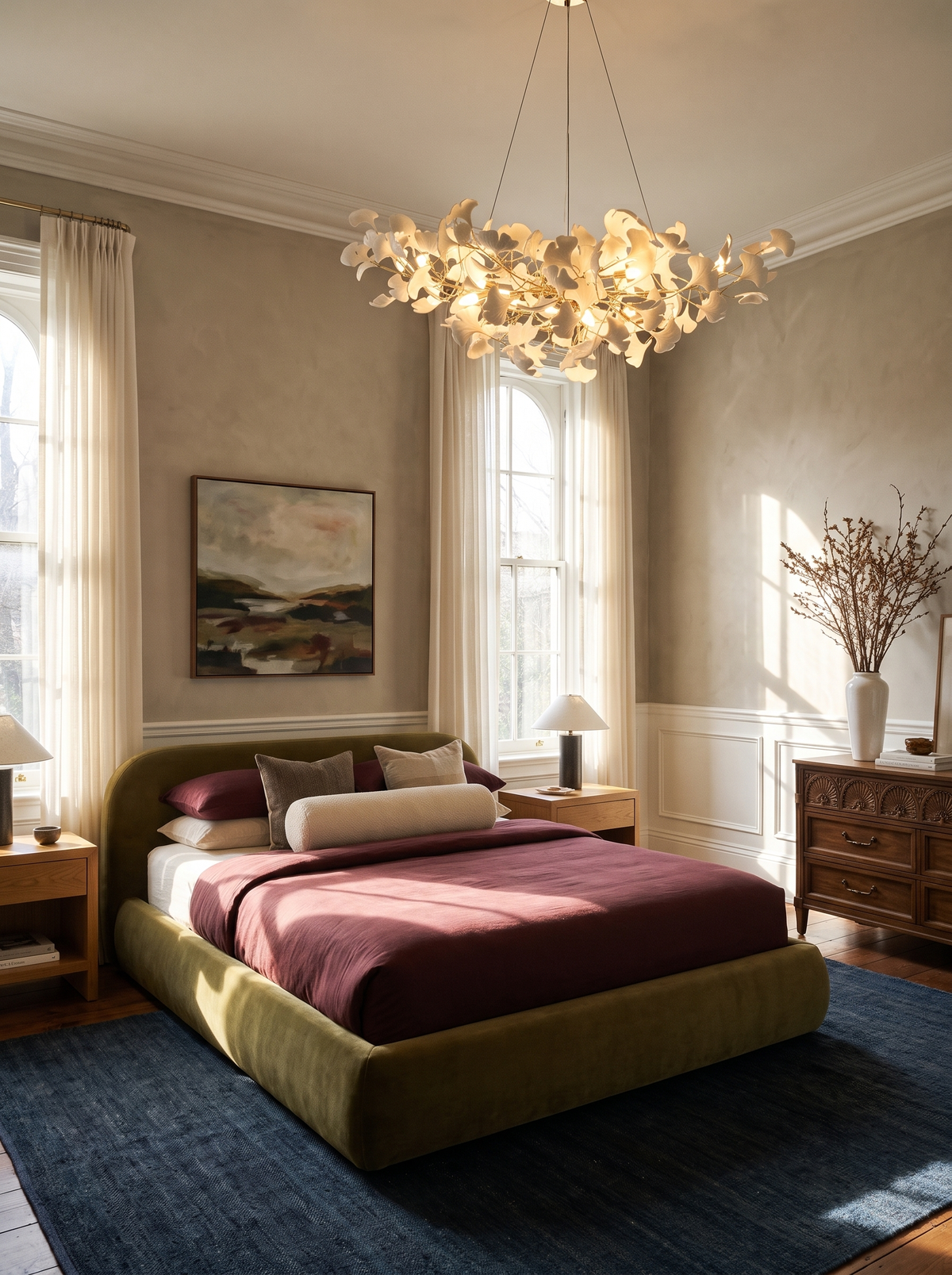 Lifestyle: Ginevra ginkgo chandelier above a bed in a greige bedroom, showing its size