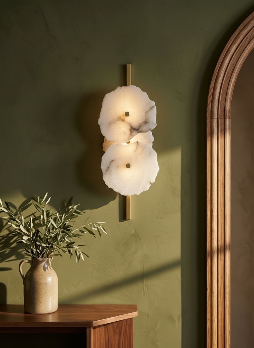 Seren three-disc alabaster wall sconce on an olive plaster wall