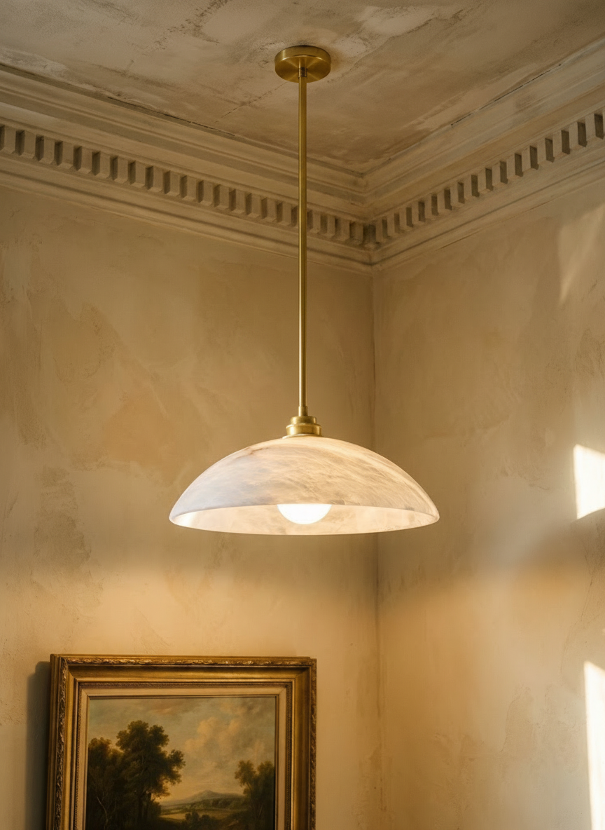 Cala alabaster dome pendant light on a brass suspension rod in a plaster-moulded corner