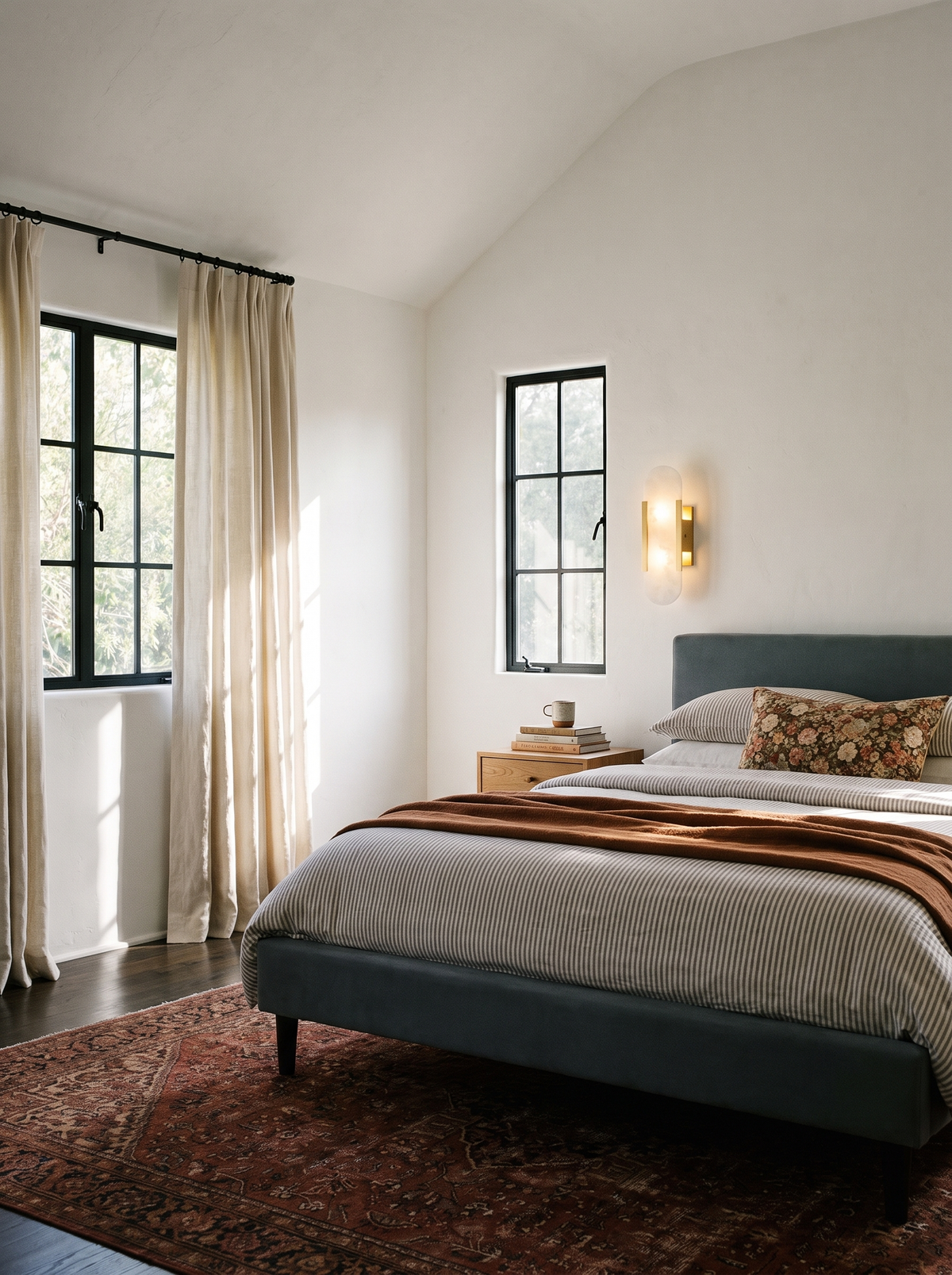 Lifestyle: Romy alabaster sconce beside a bed in a vaulted plaster bedroom