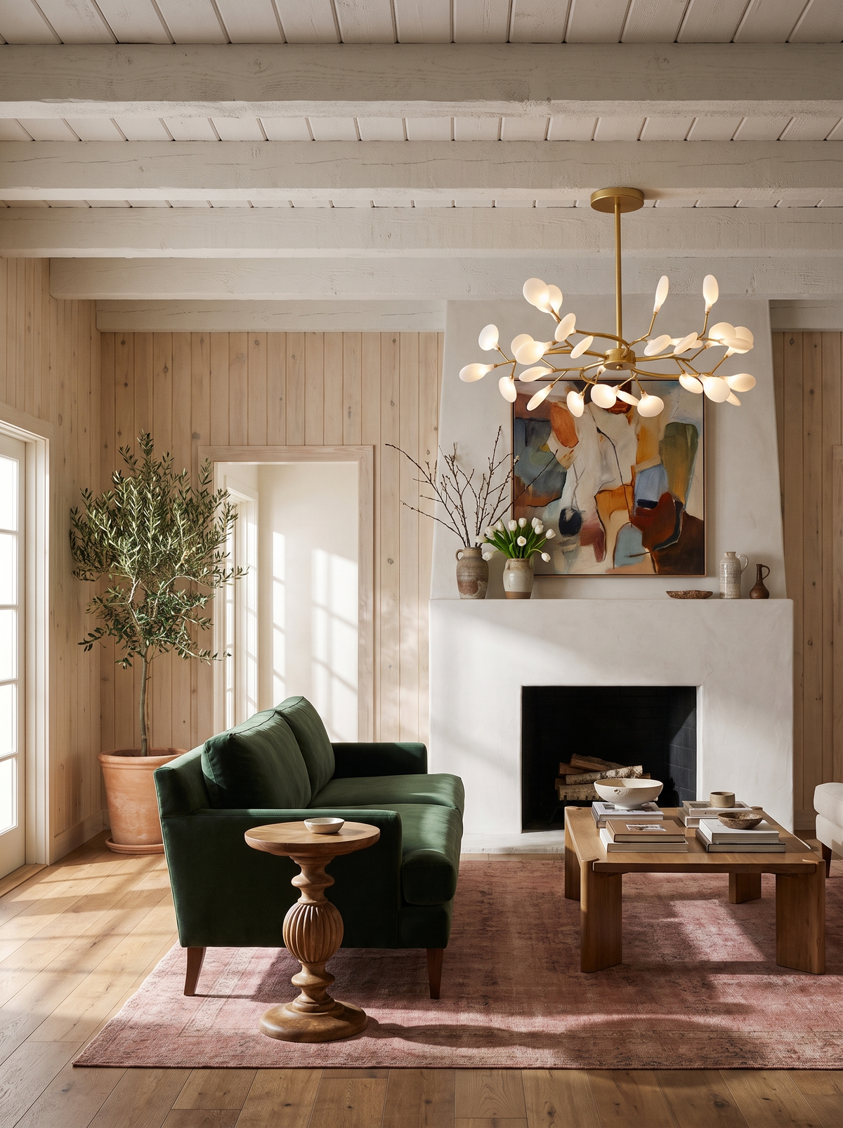 Lifestyle: Luce firefly chandelier in a pine-panelled living room with a green velvet sofa, showing its size