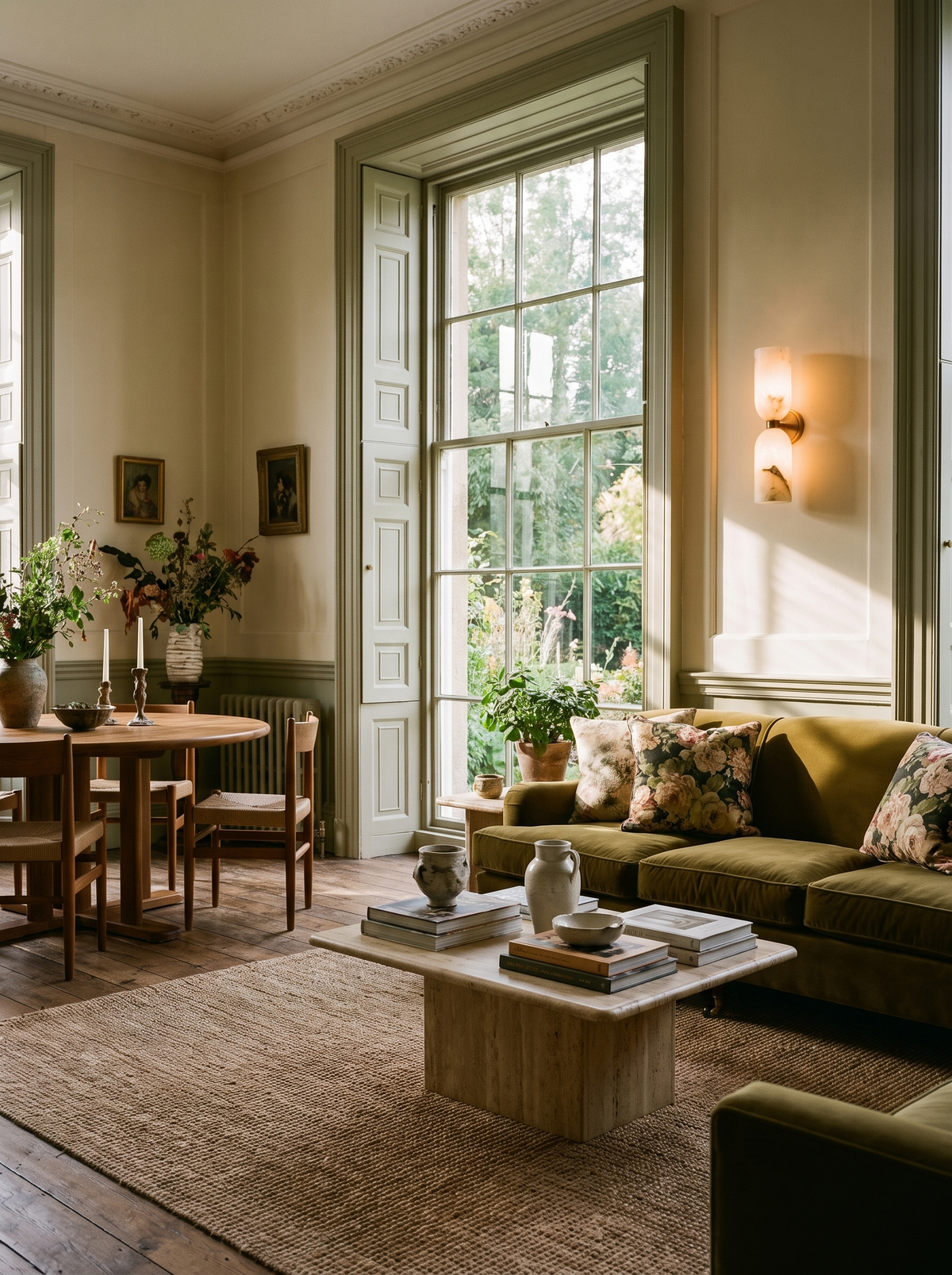 Lifestyle: Nyx alabaster sconce beside a tall window in a panelled living room, showing its size