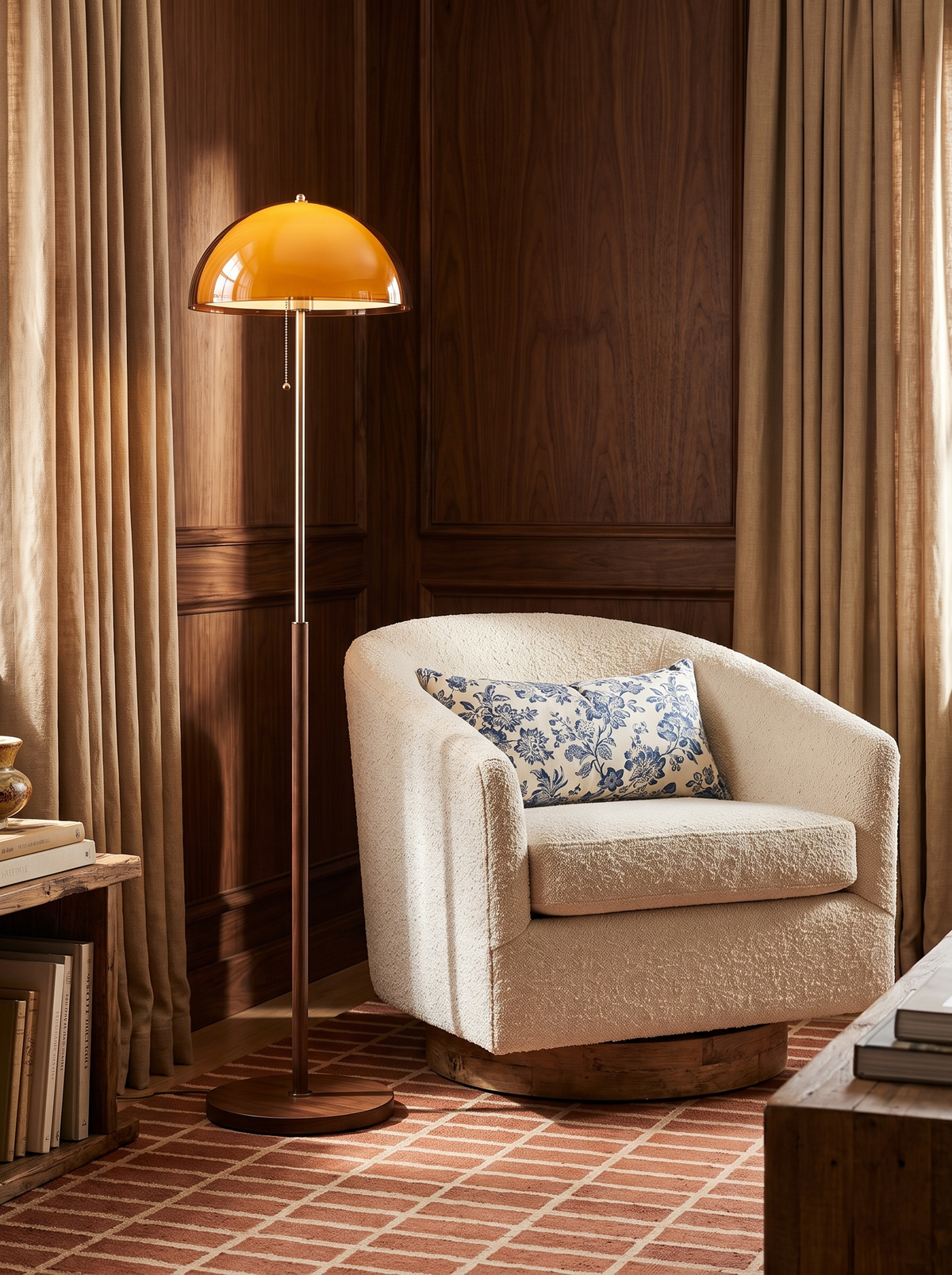 Lifestyle: Briar floor lamp beside a cream swivel chair in a walnut-panelled den
