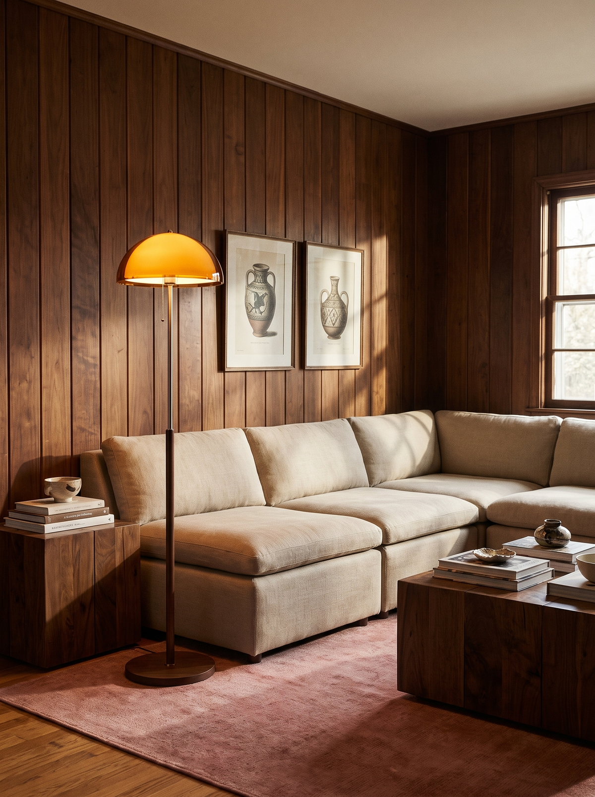 Lifestyle: Briar floor lamp at the end of a linen sectional in a walnut-panelled den, showing its size