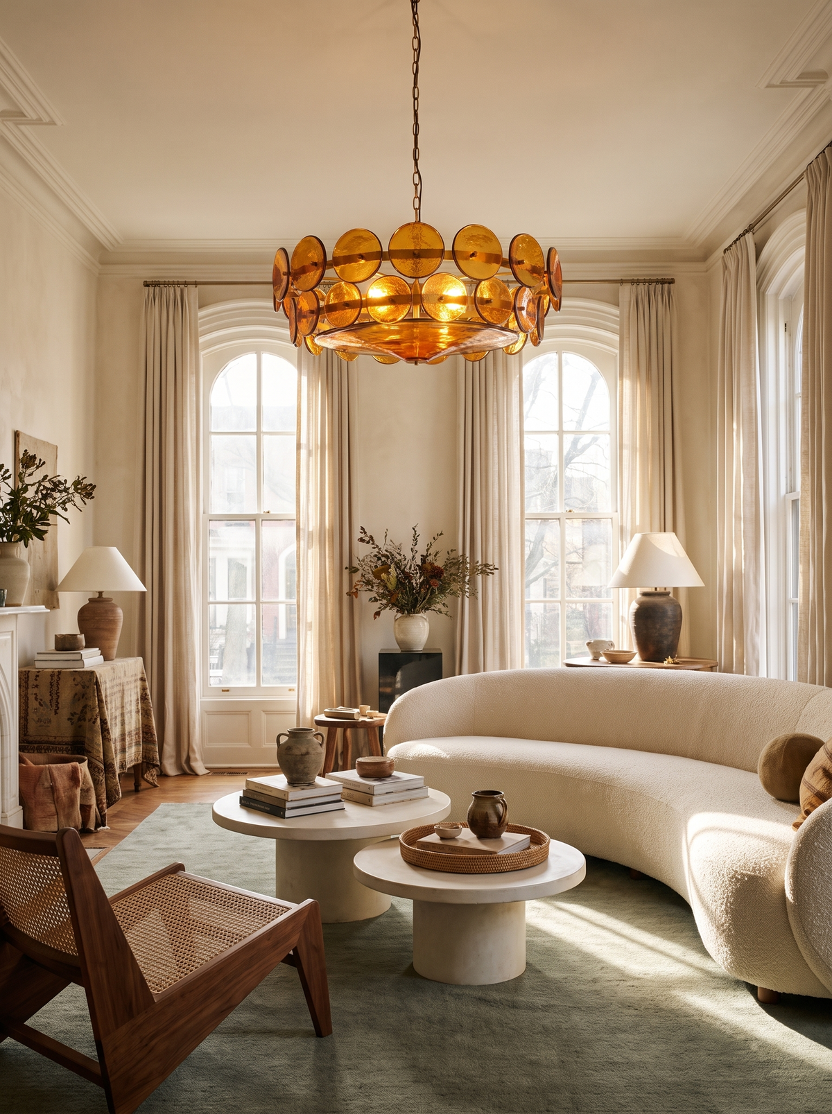 Lifestyle: Soleil amber disc chandelier in a bright living room with a curved sofa, showing its size