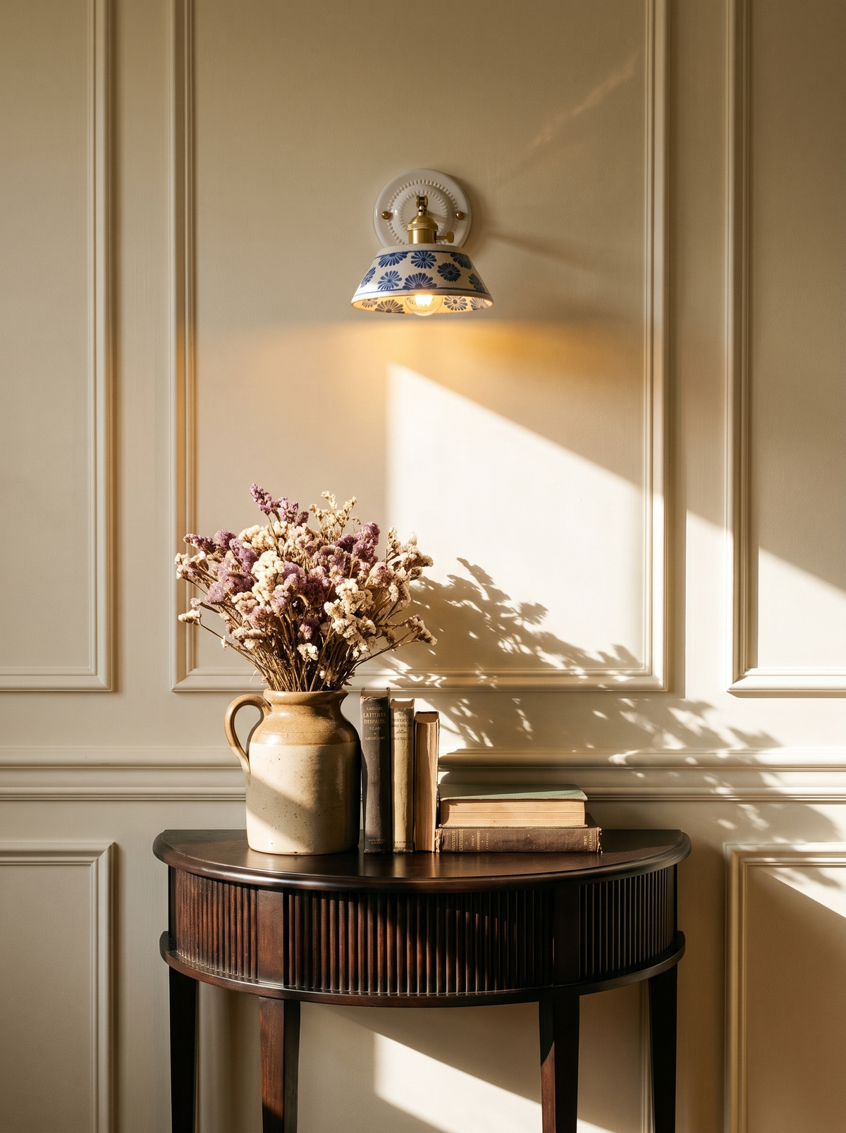 Lifestyle: Fable ceramic sconce on a cream panelled entry wall above a fluted console