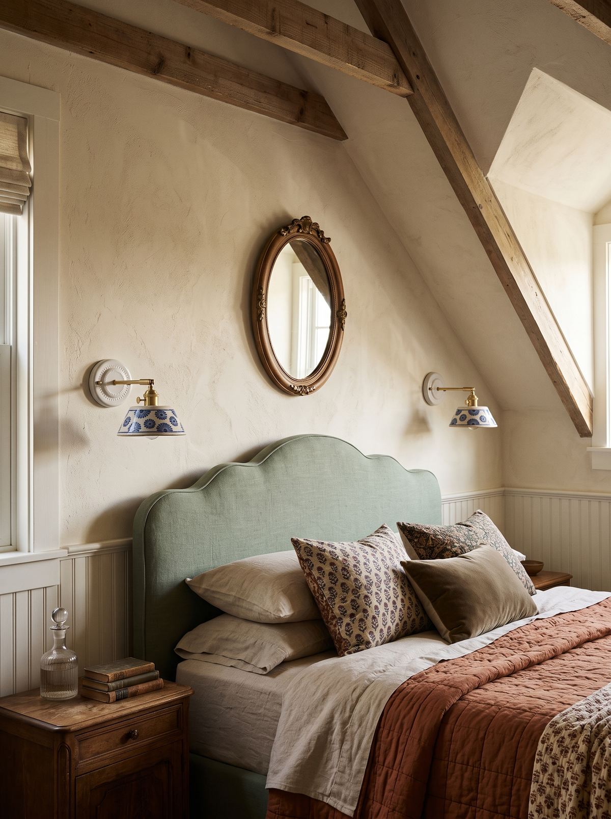 Lifestyle: a pair of Fable ceramic sconces as reading lights in an attic bedroom