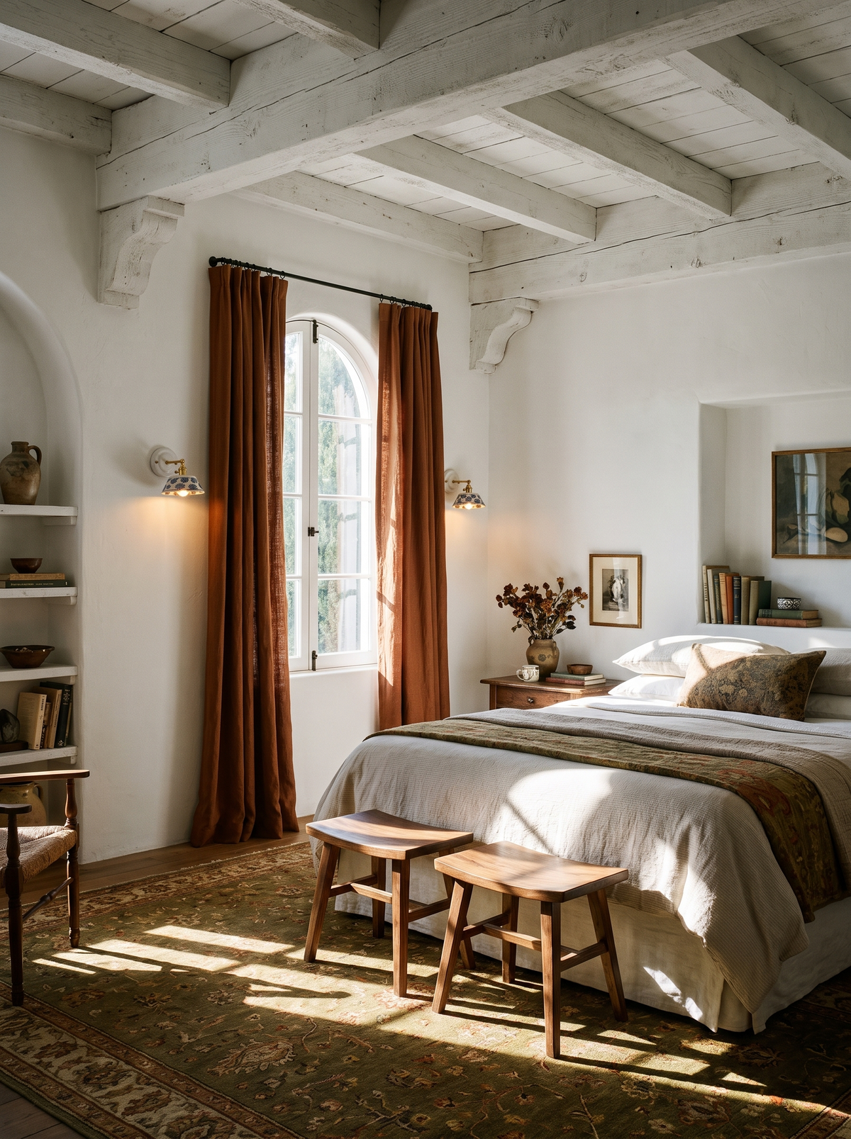 Lifestyle: a pair of Fable sconces either side of an arched window in a beamed bedroom, showing their size