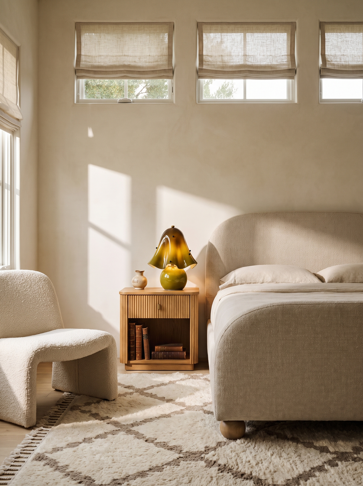 Lifestyle: Petal green glass table lamp on an oak nightstand in a cream plaster bedroom, showing its size