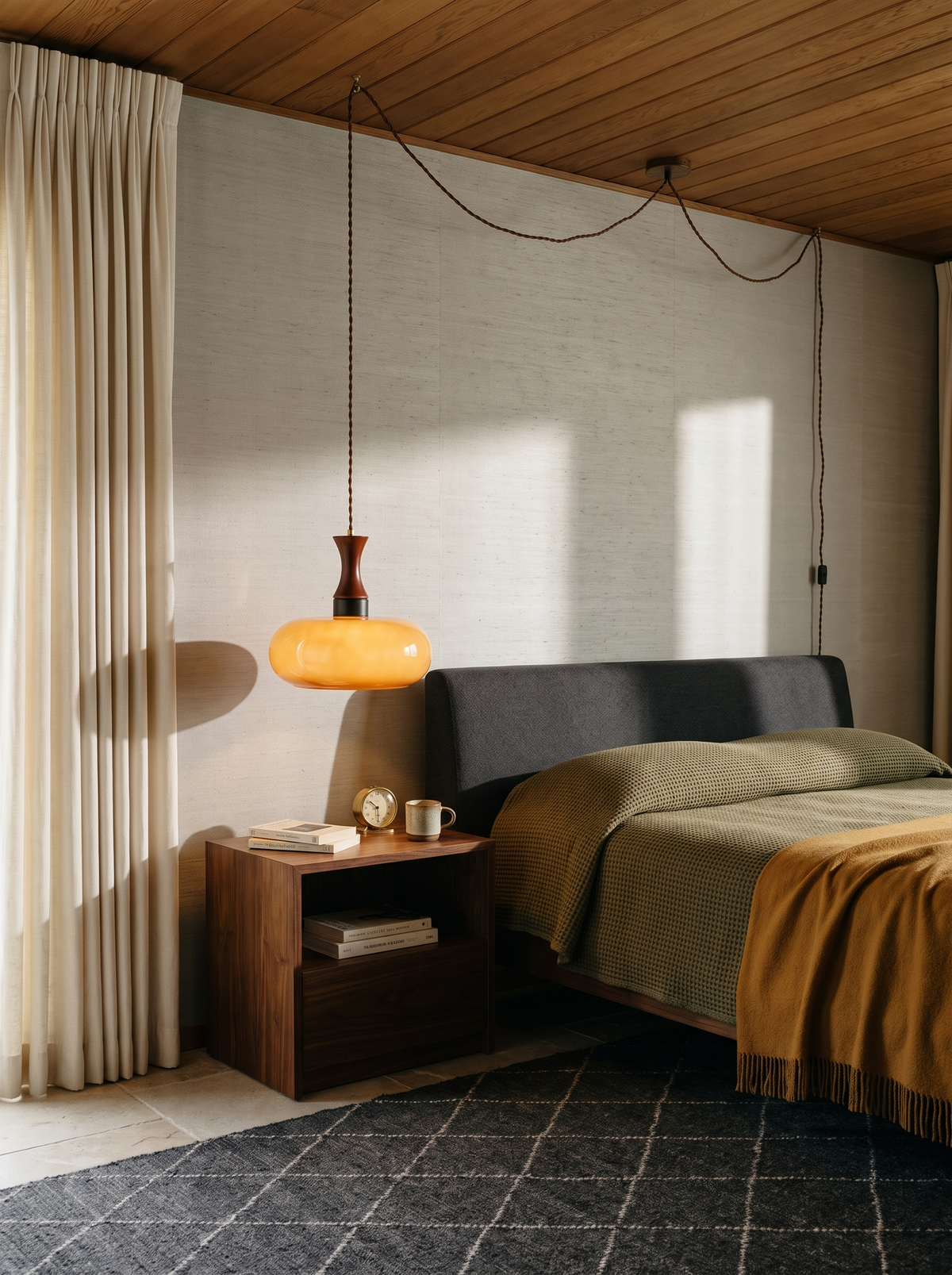Lifestyle: Toffee plug-in pendant hung as a bedside light in a grasscloth bedroom, showing its size