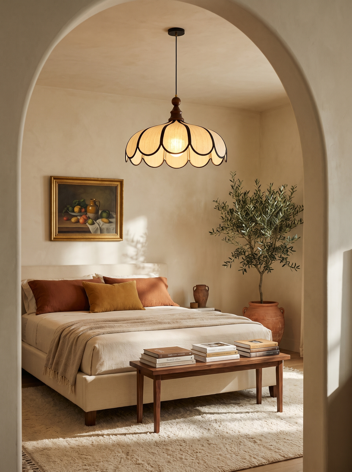 Lifestyle: Bluebell woven pendant above the bed in an arched cream limewash bedroom