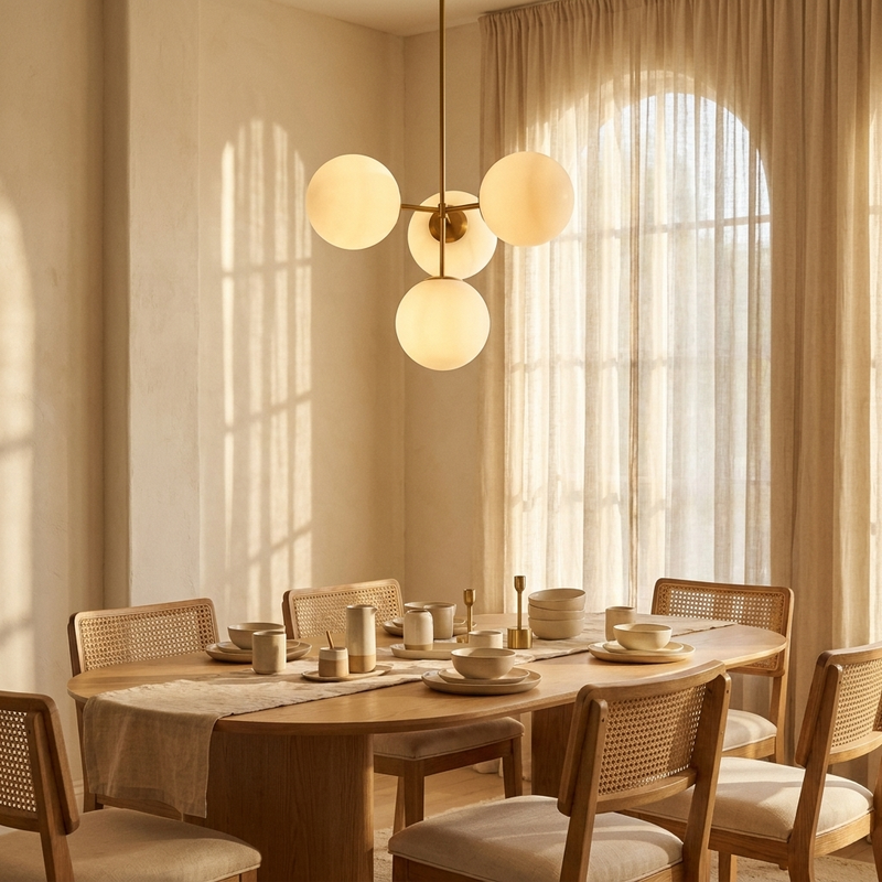 Dining room with Astra glass globe chandelier