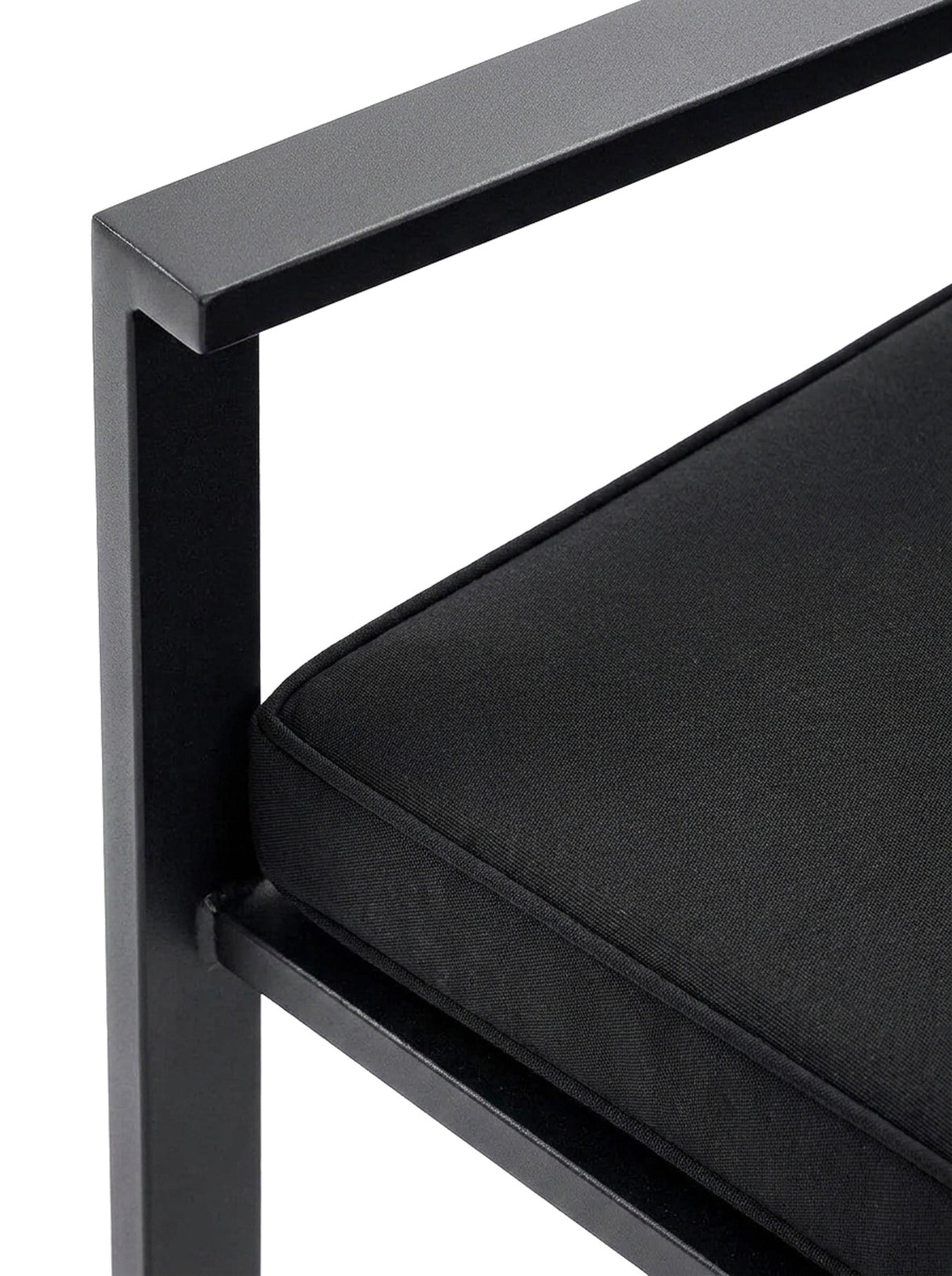 Nero black metal arm and cushion detail, close-up on white