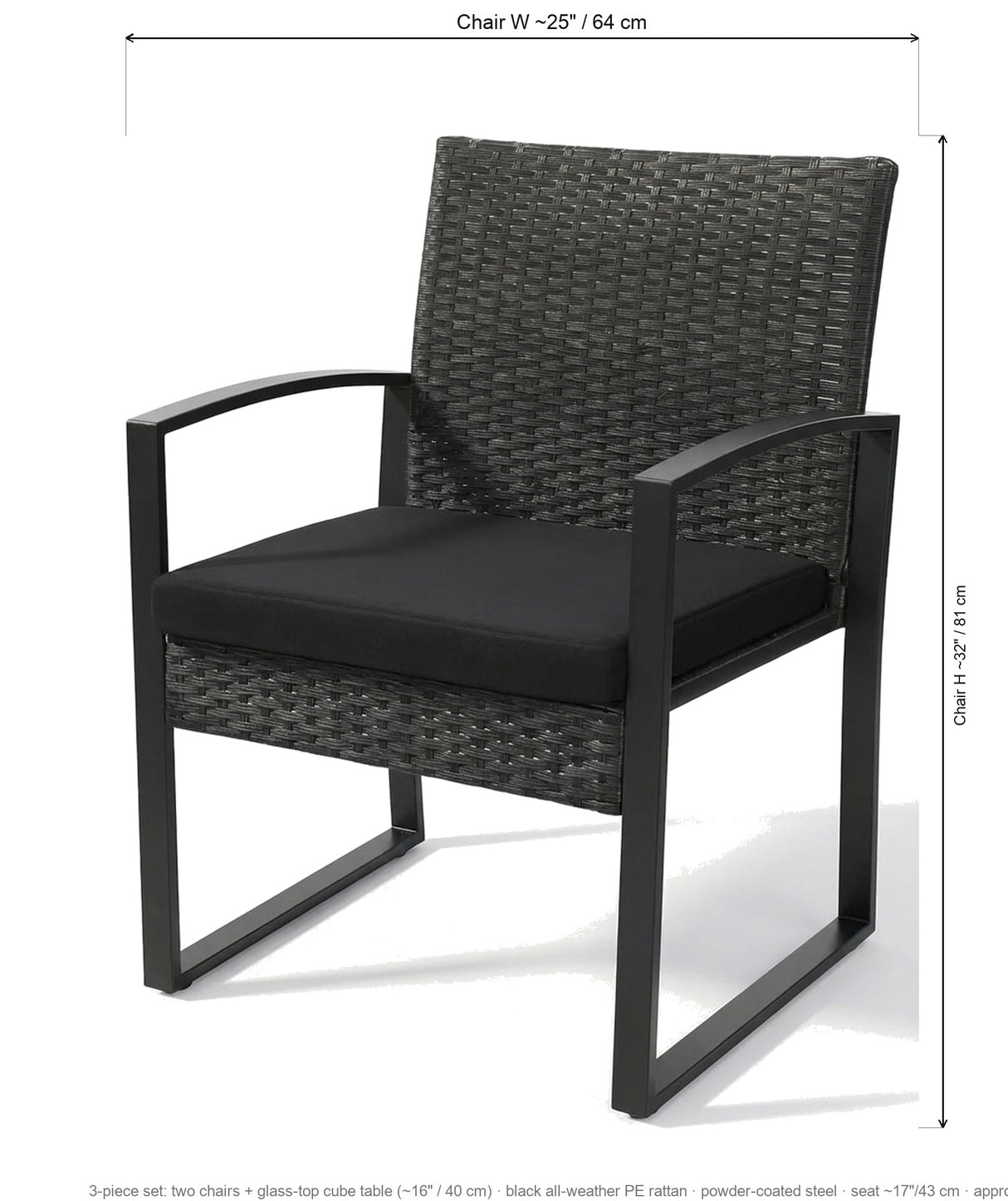 Nero dimensions: chair about 25 in wide, table about 16 in