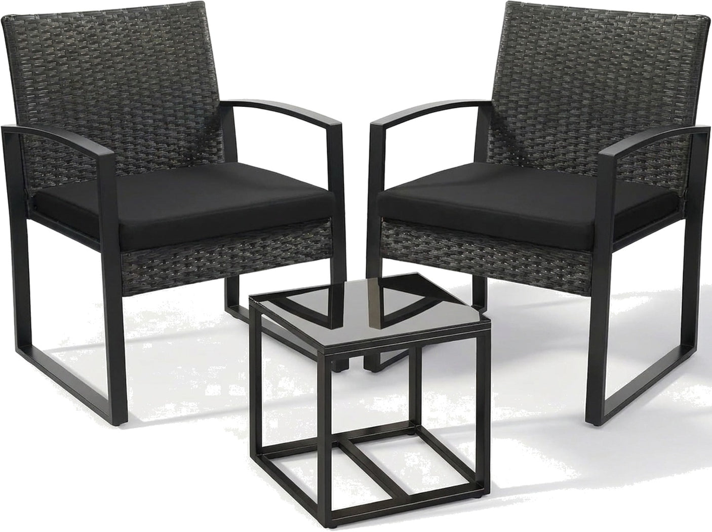 Nero 3-piece black rattan bistro set, studio view on white