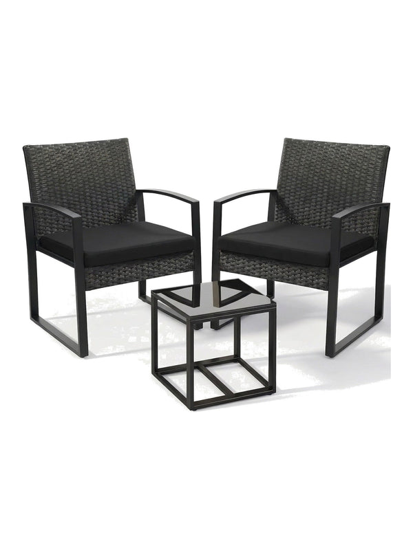 Nero 3-piece black rattan bistro set, studio view on white