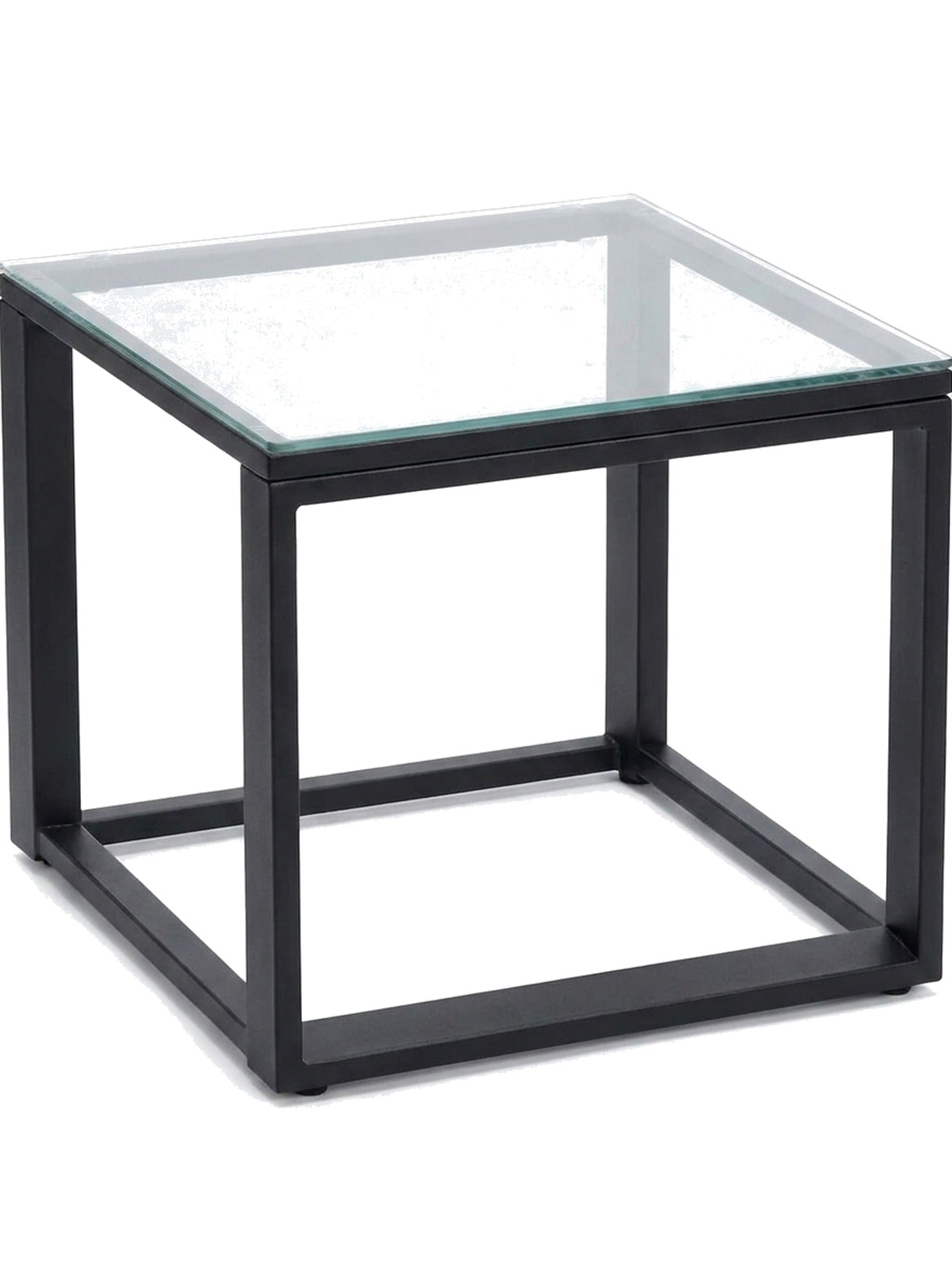 Nero glass-top cube side table, studio view on white