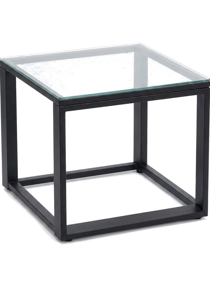 Nero glass-top cube side table, studio view on white