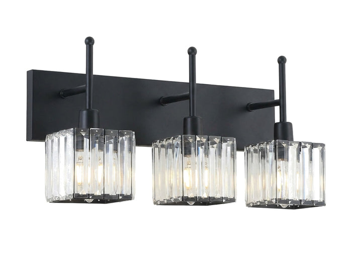 Prisma 3-light crystal vanity light in matte black, studio view on white