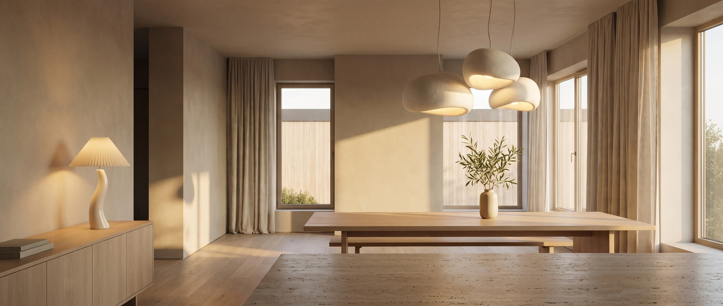 Saku pebble pendant cluster over an oak dining table with a Sia table lamp, warm lifestyle scene