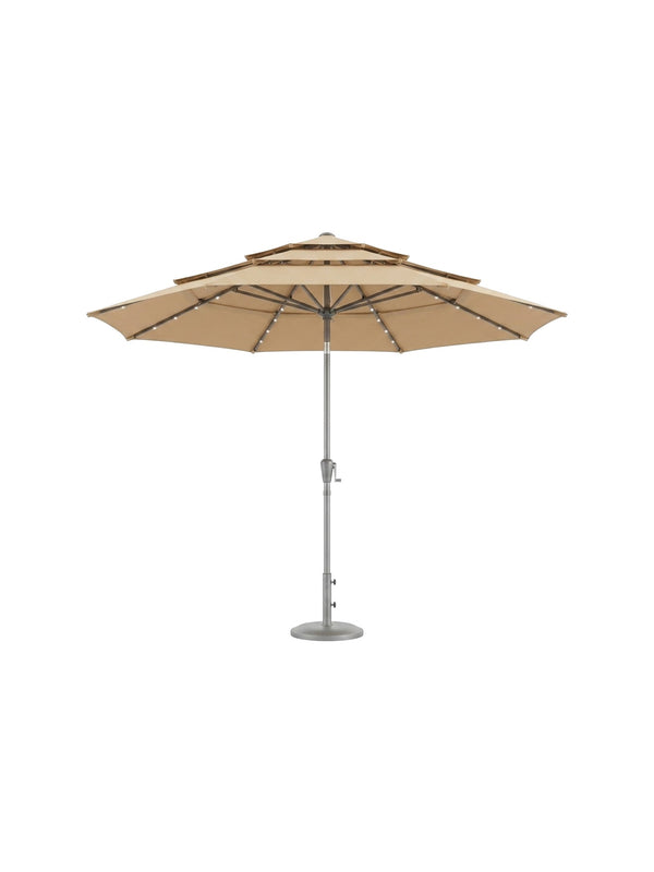 Sera 10ft solar LED patio umbrella in khaki, studio view on white
