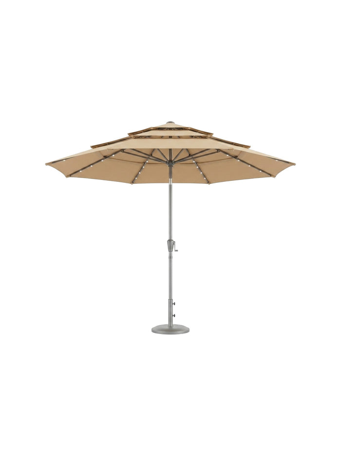 Sera 10ft solar LED patio umbrella in khaki, studio view on white