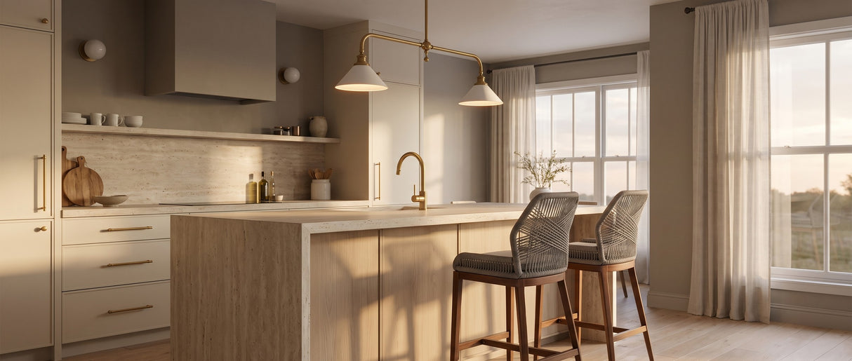Thetford brass linear pendant over a travertine kitchen island lifestyle scene