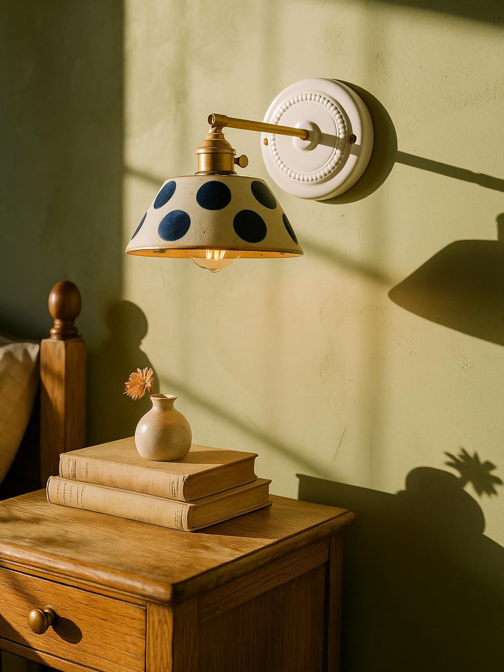 Fable blue dot ceramic wall sconce in brass on a pistachio plaster wall