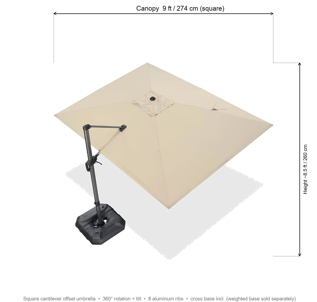 Belvara dimensions: canopy 9 ft square, overall height about 2.6 m