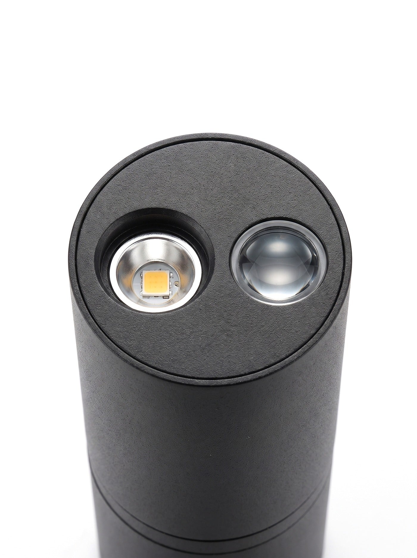 Macro close-up of the warm-white LED emitter and lens