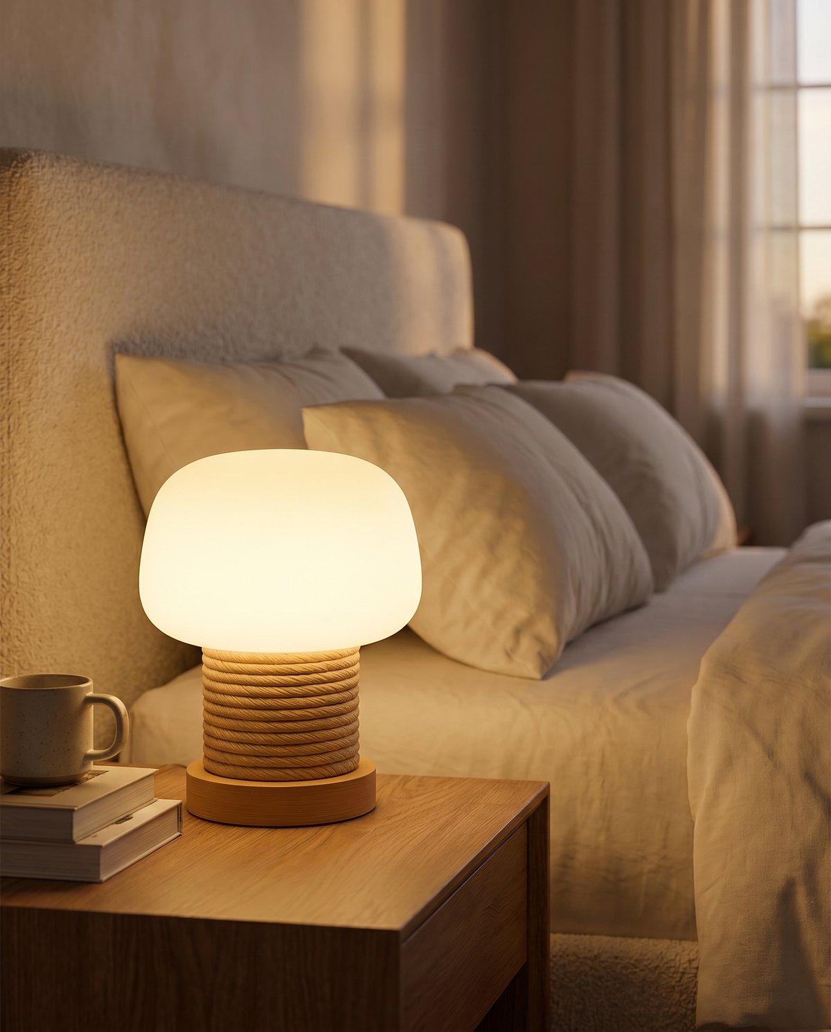 Warm wooden table lamp with glass shade glowing on a bedroom nightstand